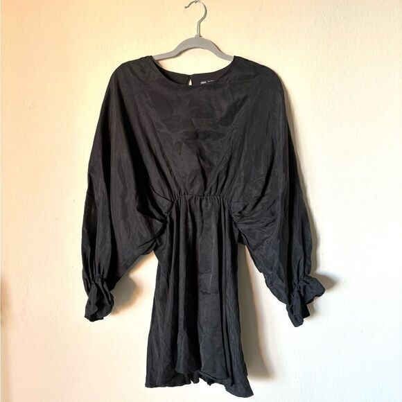 Zara Dolman Mini Black Dress Ruffle Puff Cinched Babydoll Size S - Picture 6 of 10